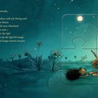 Ein Hase und ein Igel liegen unter einem sternenklaren Nachthimmel auf einer Wiese voller Blumen.