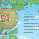 Text: Spruch der Apfelhexe zum Fliegen. Illustration: Frau im Apfel, fliegende Briefe, Biene, bunte Blätter.