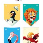 Illustration von vier Tierschildern: Pinguin, Löwe, Flamingo, Vogel; oben Ameisenbär mit Sternen.