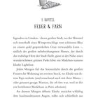 1. KAPITEL: FEDER & FARN. Illustration eines Bechers und Croissants. Text über ein Mädchen in London.