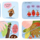 Ein Comic mit fröhlichen Kastanien, Stöckchen und Hagebutten. Hände geben Kastanien stilisierte Hüte.