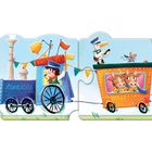 Illustration: Kindertheaterpuzzle mit einer bunten Zirkus-Lokomotive und Wagen voller Tiere und Musikern.