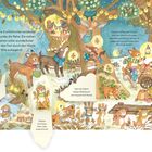 Text in buntem Waldszene-Märchen: Tiere tragen Körbe, Rehe ziehen einen Karren, Bäume mit Lichtern.