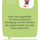 "Setzt euch gegenüber. Ein Kind macht eine Bewegung." Zeichnung: Ein Kind sitzt auf einem Stuhl und winkt.
