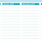 Monatsüberschriften: August 2026 bis Januar 2027. Illustration: fliegender Brief und Geburtstagstorte.