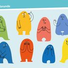 Text: "Gefühlsrunde". Illustration mit bunten Figuren, jede drückt verschiedene Emotionen aus.