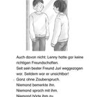 Text: Lenny fühlte sich unsichtbar ohne Freunde. Illustration: Ein Junge steht vor einem Spiegel und sieht sich selbst.