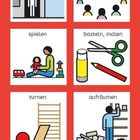 Drinnen. Sechs bunte Illustrationen: drinnen, Kreis, spielen, basteln, malen, turnen, aufräumen. Seite 5.