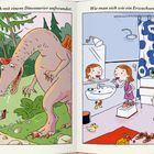 Links: "Wie man sich mit einem Dinosaurier anfreundet." Ein Junge gibt einem Dinosaurier Schokolade.  
Rechts: "Wie man sich wie ein Erwachsener benimmt." Zwei Kinder verkleiden sich im Badezimmer.