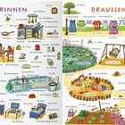 Links „DRINNEN“: Haushaltsgegenstände, Alltagsszenen. Rechts „DRAUSSEN“: Garten, Spielplatz, Naturaktivitäten.