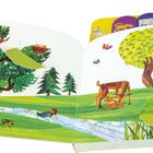 Im Wald leben summende Bienen und andere Tiere. Illustration zeigt Waldszene mit Tieren, Bäumen und Fluss.