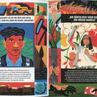 Links oben steht: „Wandel geschieht selten von oben nach unten, sondern erst, wenn Millionen den Wandel einfordern.“ Rechts oben: „Wir dürfen nicht mehr reden. Wir müssen handeln.“ Unten sind zwei Portraits von jungen Aktivisten, umgeben von Symbolen für Umwelt und Protest.