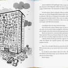 Links Illustration eines Hochhauses mit Autos, rechts Text über Jule, Klingeln und eine nicht reagierende Gegensprechanlage.