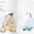 Text: Tiere warten voller Vorfreude. Elefant zählt Marshmallows, Schildkröte auf Skiern, Pinguin beobachtet Thermometer. Winterlich.