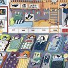 Raffi arbeitet in einer Kita. Er findet, dass er den schönsten Beruf der Welt hat. Illustration von Pinguinen im Schlafsaal.