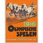 1916 Olympische Spelen Amsterdam, Stadion, 31 Aug.-3 Sept. Eine Illustration zeigt einen Wagenlenker mit vier Pferden.