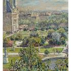 03, Montag, Dienstag. Gemälde eines Parks mit Bäumen, Hecken und Wegen. Sicht auf Gebäude am Horizont.