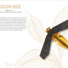 "Goldfliege" steht oben. Darunter Text zur medizinischen Bedeutung. Rechts ist ein Origami einer Fliege aus gold-schwarzem Papier.