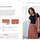 Tanktop-Beutel Anleitung mit drei Schritten und Materialliste. Frau trägt schwarzen Top, Rock und Beutel in Brauntönen.