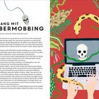 „Umgang mit Cybermobbing: Was kannst du tun, wenn du online bedroht wirst?“ Links Text, rechts Illustration: Laptop, Totenkopf, Schlange.