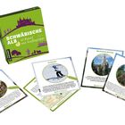 "Schwäbische Alb, 50 Rätsel mit Ausflugstipps." Grünes Kartenset mit Illustrationen vom Wandern und Burgen. Enthält Karten.