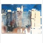 Märzkalender mit Aquarell einer Stadtlandschaft in Blau- und Brauntönen. Strukturen erinnern an hohe Gebäude.