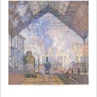 Gemälde von Claude Monet, Darstellung eines Bahnhofs mit Zügen und rauchgefüllter Halle. Unten: Kalender für März.