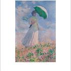 Kalender für März, Gemälde einer Frau mit grünem Sonnenschirm auf Wiese, heller Himmel im Hintergrund.