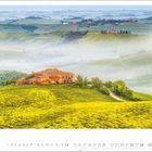 3. Über Hügel rollen Nebelschwaden, ein altes Backsteinhaus ruht auf einer Wiese mit gelben Blumen, umgeben von Bäumen.