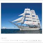 März 2027. Segelschiff im Meer bei klarem Himmel. Kalenderblatt.