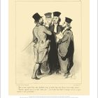 "Les Gens de Justice." Illustration: Fünf Männer in Anzügen und Hüten, diskutierend, mit handgeschriebenem Text unten.