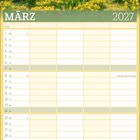 MÄRZ 2027. Kalender mit blühenden gelben Narzissen, Bäumen und Büschen im Hintergrund.