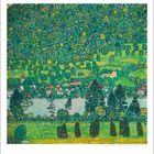 Verwendung von Umtiken am Attersee. Eine farbenfrohe Landschaft mit Wald, Dorf, See und Bergen in einem Gemälde.