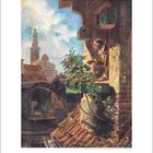 Kalenderblatt mit der Nummer 3. Eine Illustration zeigt zwei Männer auf Dächern, Pflanzentröge und Vogelkäfige.