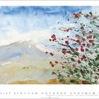 März, Illustration eines blühenden Strauchs mit rotem Laub vor blauem Himmel und einem Berg. Kalenderdaten unten.