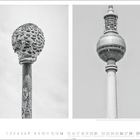 Links: Makrofotografie eines Pflanzenstängels mit kugelförmigem Kopf. Rechts: Fernsehturm mit charakteristischer Kugel. Darunter sind Zahlen von 1 bis 31 aufgelistet.