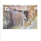 März 2027, Illustration eines Viehstalls mit Kühen, Hühnern und einer Katze in Stroh. Darunter ein Kalender mit Feiertagen.