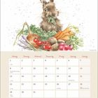 Kalenderseite für März mit Illustration eines Hasen, der Gemüse frisst, inklusive Karotten und Tomaten.