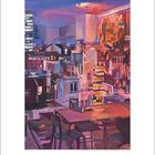 "Rex Booster: Light, 2019: The Urban Tribe: 2014. Gemälde von leuchtender Stadtansicht mit Tischen im Vordergrund."