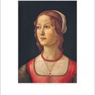 März / March, 1-31, Illustration: Porträt einer jungen Frau in Rot mit Halskette, blondes Haar, im Profil.