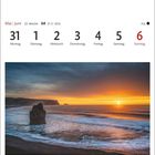 Kalender mit Datum 31. Mai bis 6. Juni. Foto von Sonnenuntergang am schwarzen Sandstrand Kirkjufjara, Dyrhólaey.