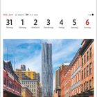 Kalenderseite für Mai/Juni, 22. Woche. Foto zeigt das Gehry Building an der Beekman Street, umgeben von weiteren Gebäuden.