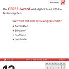 "Der CERES Award wird seit 2014 in Berlin vergeben. Wer wird ausgezeichnet? Architekten, Börsianer, Kaufleute, Landwirte." Unten ein Kalender-Ausschnitt mit Datum: 12. Januar, Dienstag.