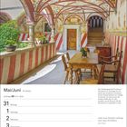 Kalenderseite mit Texten: Mai/Juni, Beschreibung der Churburggang, Zitat von Jean Nouvel. Historischer Innenhof mit Fresken.