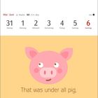 Kalender mit Mai und Juni, Woche 22, Tage 31-6. Illustration eines rosa Schweins. Text: "That was under all pig."