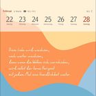 Kalender mit Februarwoche. Zitat: "Diese Liebe wird wachsen..." Bunte Wellen in Orange, Beige und Blau als Hintergrund.