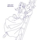 Text: "Belle liebt Abenteuer." Illustration: Belle, eine junge Frau, klettert eine Leiter hinauf und streckt die Hand aus.