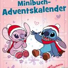 „Mini-Buch-Adventskalender“, blau auf rosa Hintergrund. Illustration von zwei fröhlichen Figuren in Weihnachtskleidung.