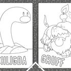 Links "SCHLIGDA", ein langes Wesen; rechts "GRUFF", pelzig mit Kerze auf dem Kopf. Weihnachtliche Rahmen.