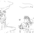 Illustration: Ein Mädchen reitet ein Einhorn unter einer Wolke. Ein anderes Mädchen umarmt ein Pferd, Rucksack daneben.